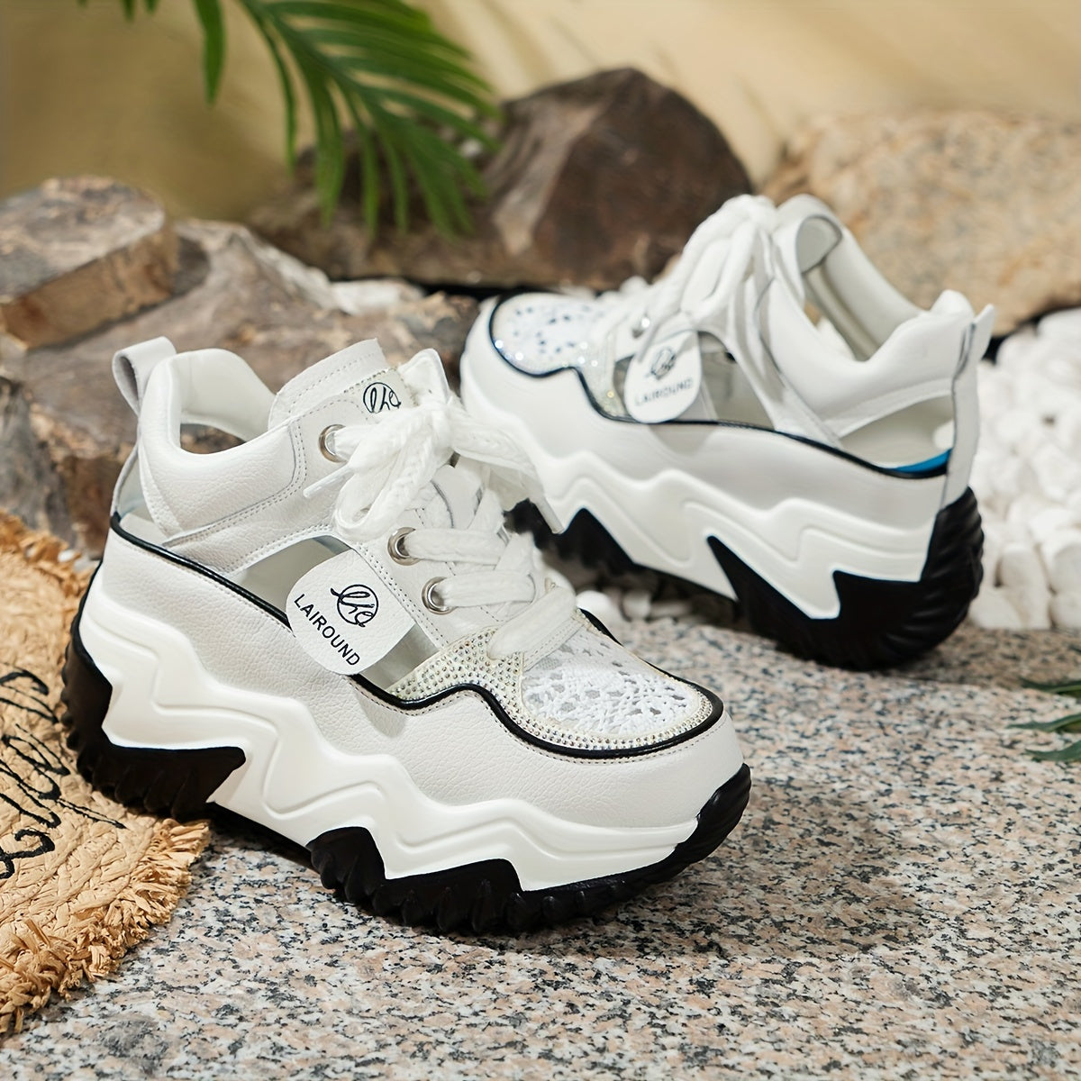 Women's Solid Color Lace-Up Platform Sneakers Breathable Low-Top Casual Shoes
