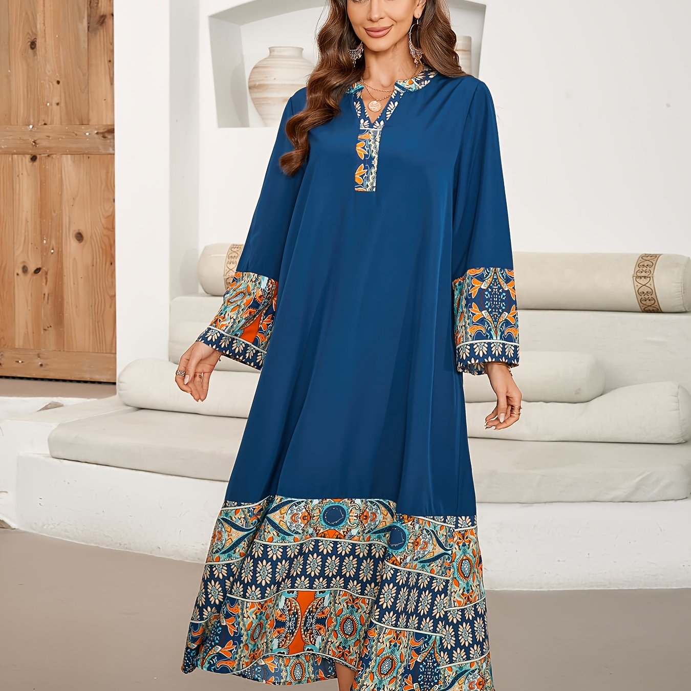 Women's Ethnic Print Color Block Kaftan Maxi Dress with Notched Neck and Long Sleeves