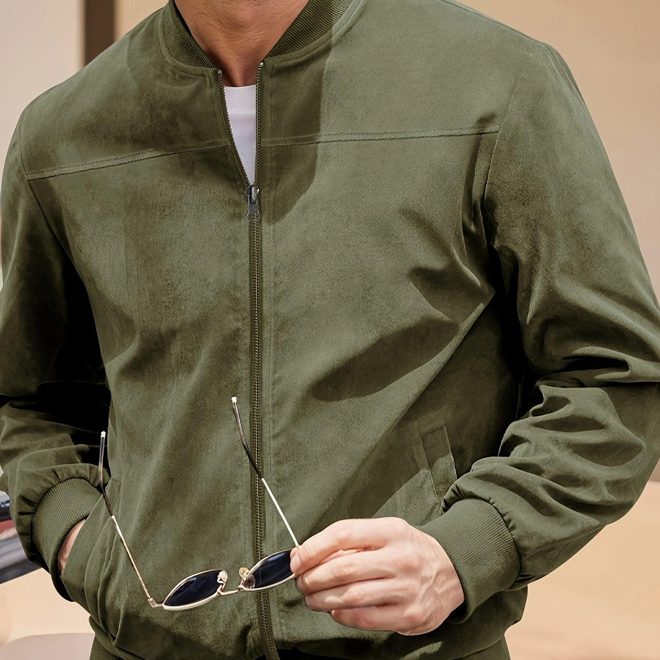 Men's Navy Blue Lightweight Polyester Jacket with Stand Collar and Full-Zip for Spring and Autumn