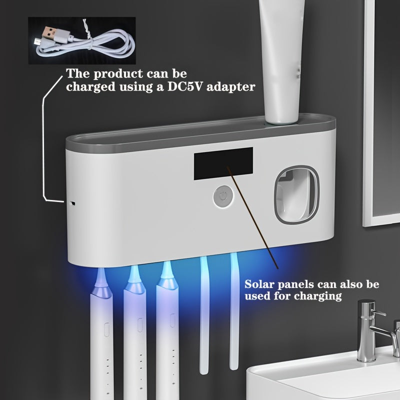 UV Toothbrush Holder with Automatic Toothpaste Dispenser Wall Mount Solar Charging