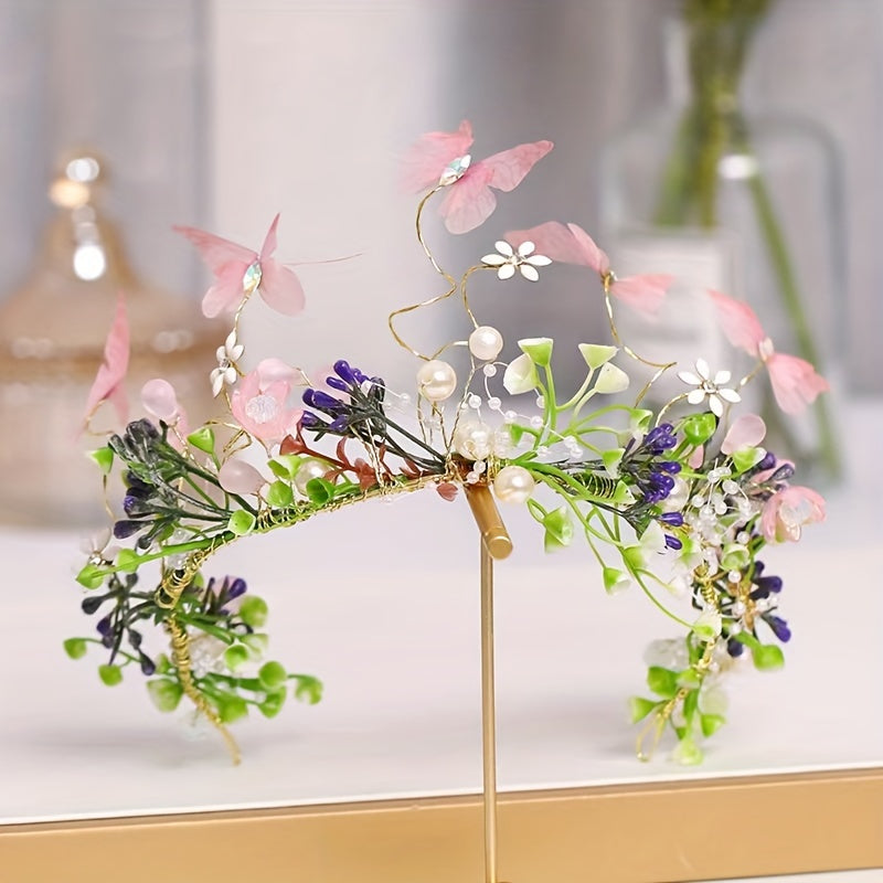 Women's Flower Headband Hair Accessories with Butterfly Decor Faux Pearl Wreath Design