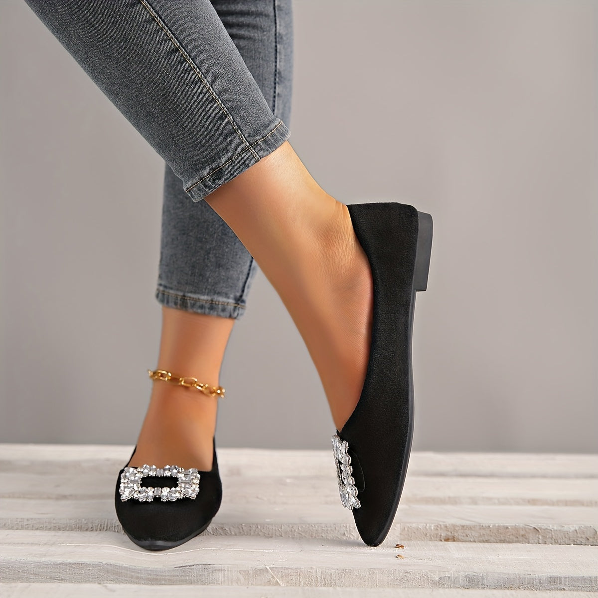 Women Rhinestone Mary Jane Flats Pointed Toe Slip-On Shoes All-Season