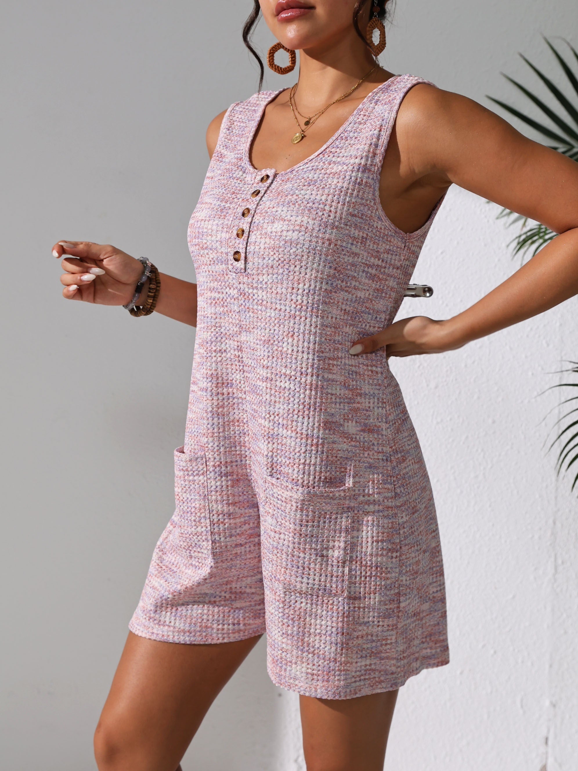 Plus Size Sleeveless Waffle Knit Romper in Pastel Pink with Pockets for Spring Summer