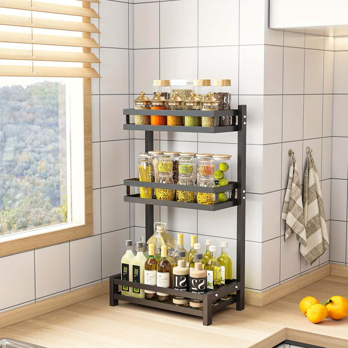 Black Stainless Steel Countertop Spice Rack with 3 Tiers for Jars and Bottles
