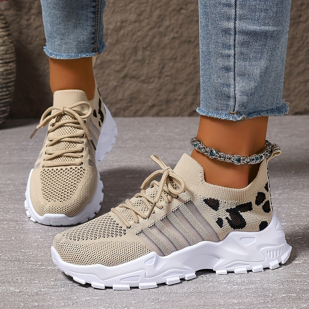 Zapatillas atléticas transpirables con estampado de leopardo para mujer, ideales para correr y hacer ejercicio