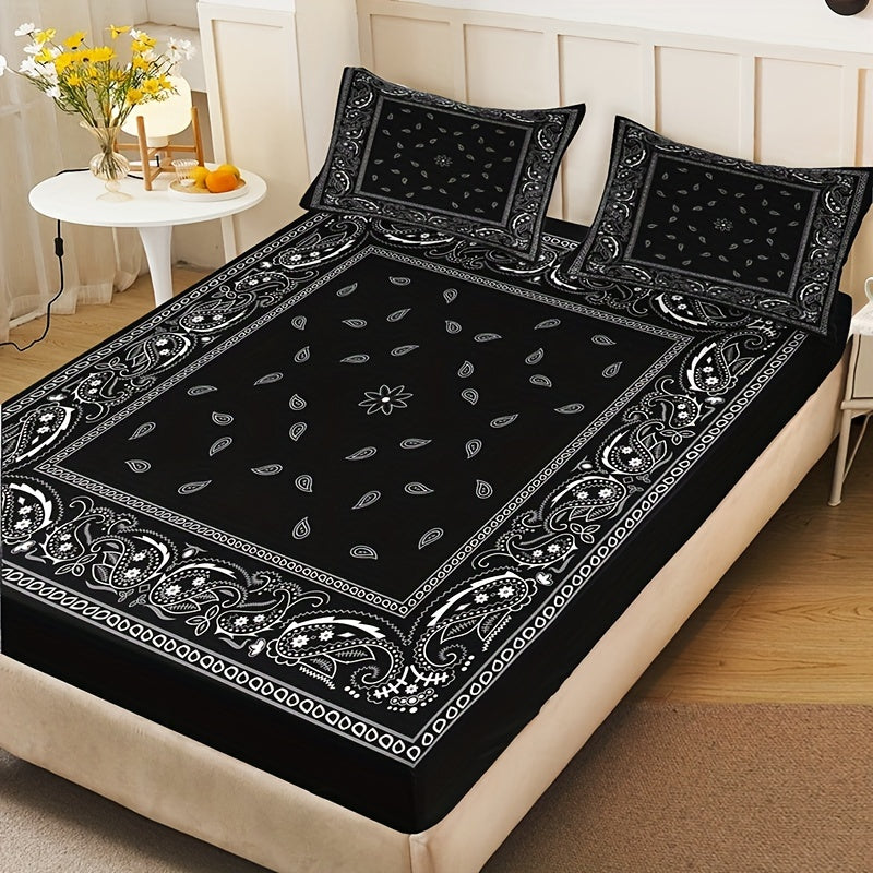 Juego de ropa de cama boho chic con estampado paisley, sábana ajustable, fundas de almohada, transpirable de poliéster