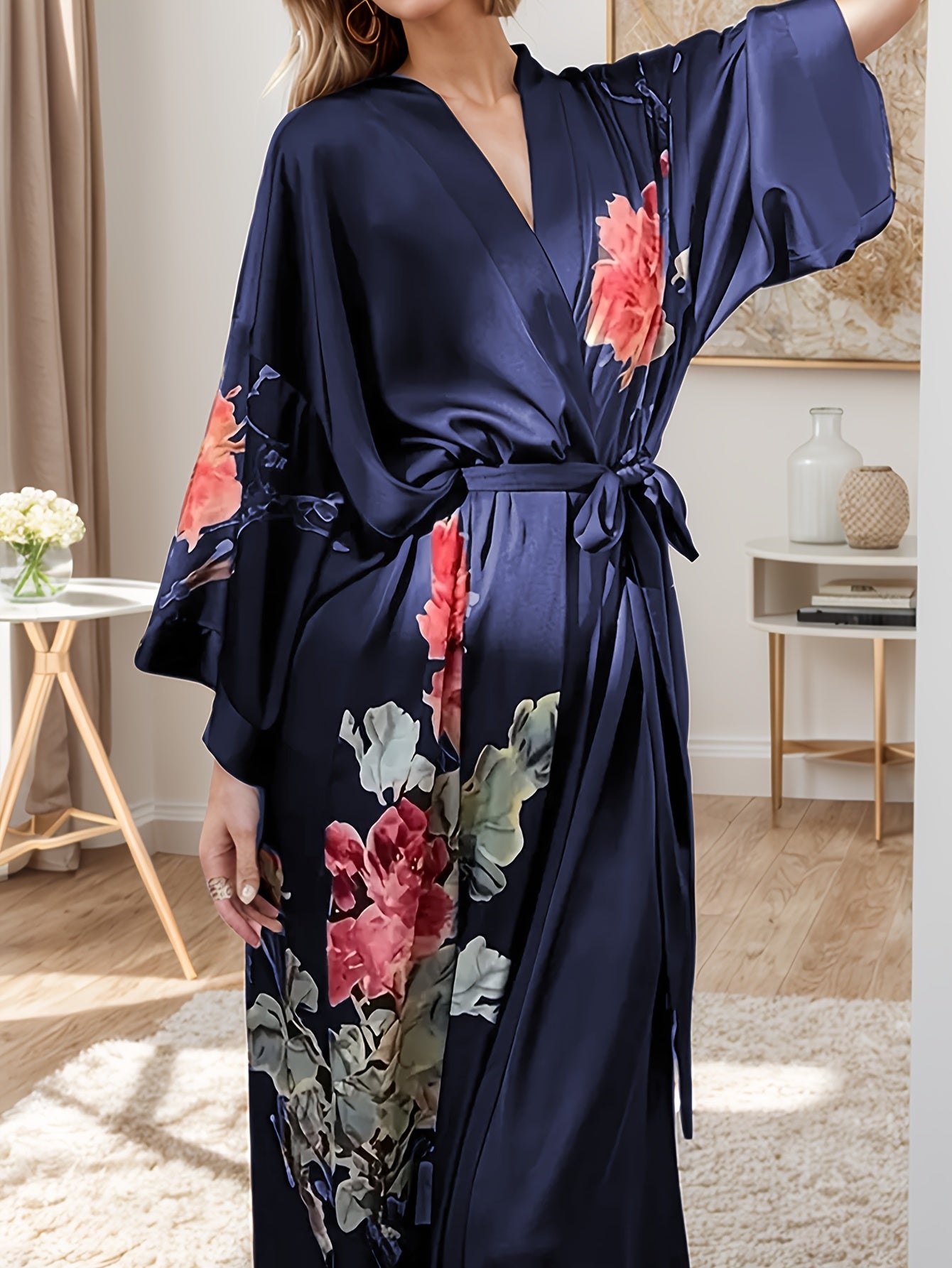 Plus Size Floral Satin Robe for Women Long Sleeve V-Neck Lounge Wear