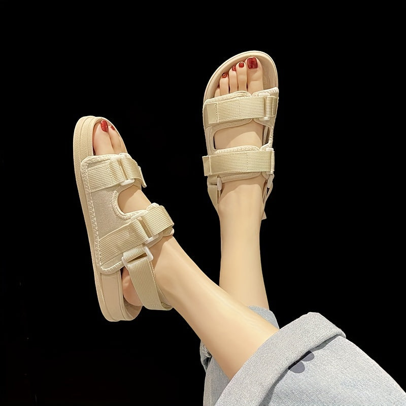 Women's Black Summer Beach Slide Sandals with Adjustable Hook-and-Loop Straps and Flat PVC Sole