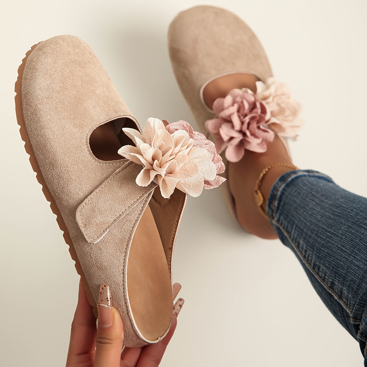 Women's Vintage Yellow Fabric Mule Shoes with Pink Floral Accents