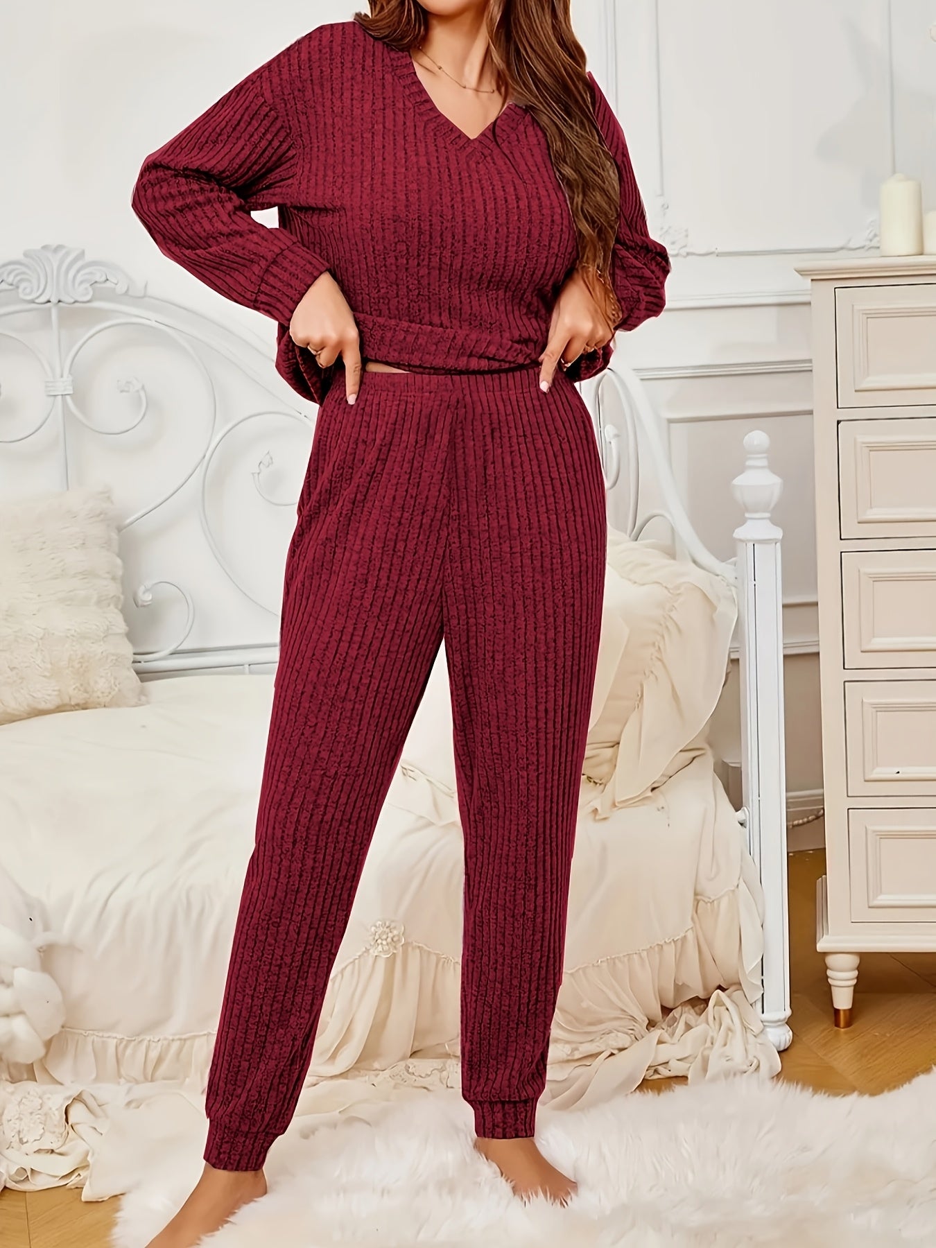 Women's Striped Loungewear Set with V-Neck Top and Pants for Fall Winter Comfort
