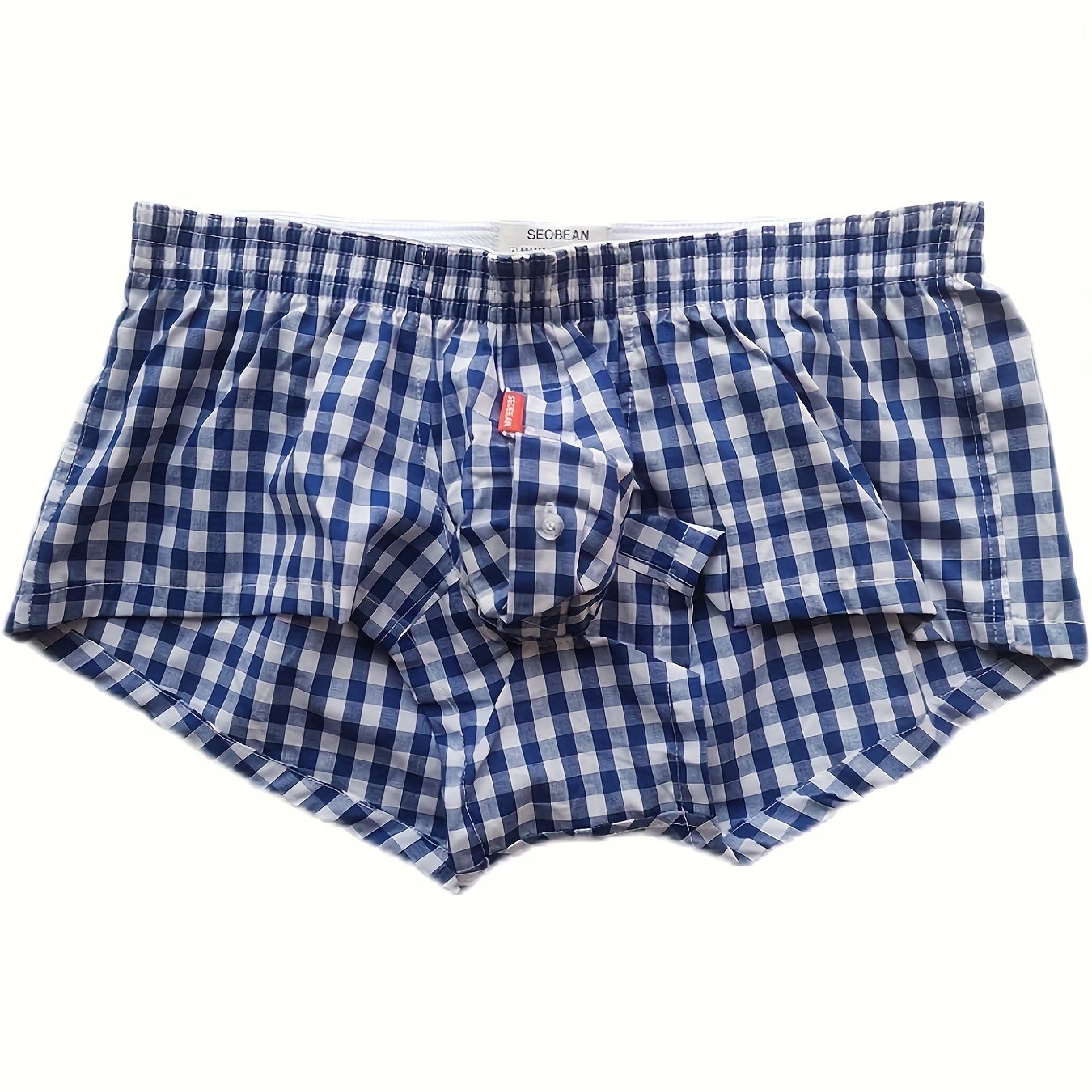 Men's Low Waist Cotton Plaid Underwear with Front Button Opening Shortie