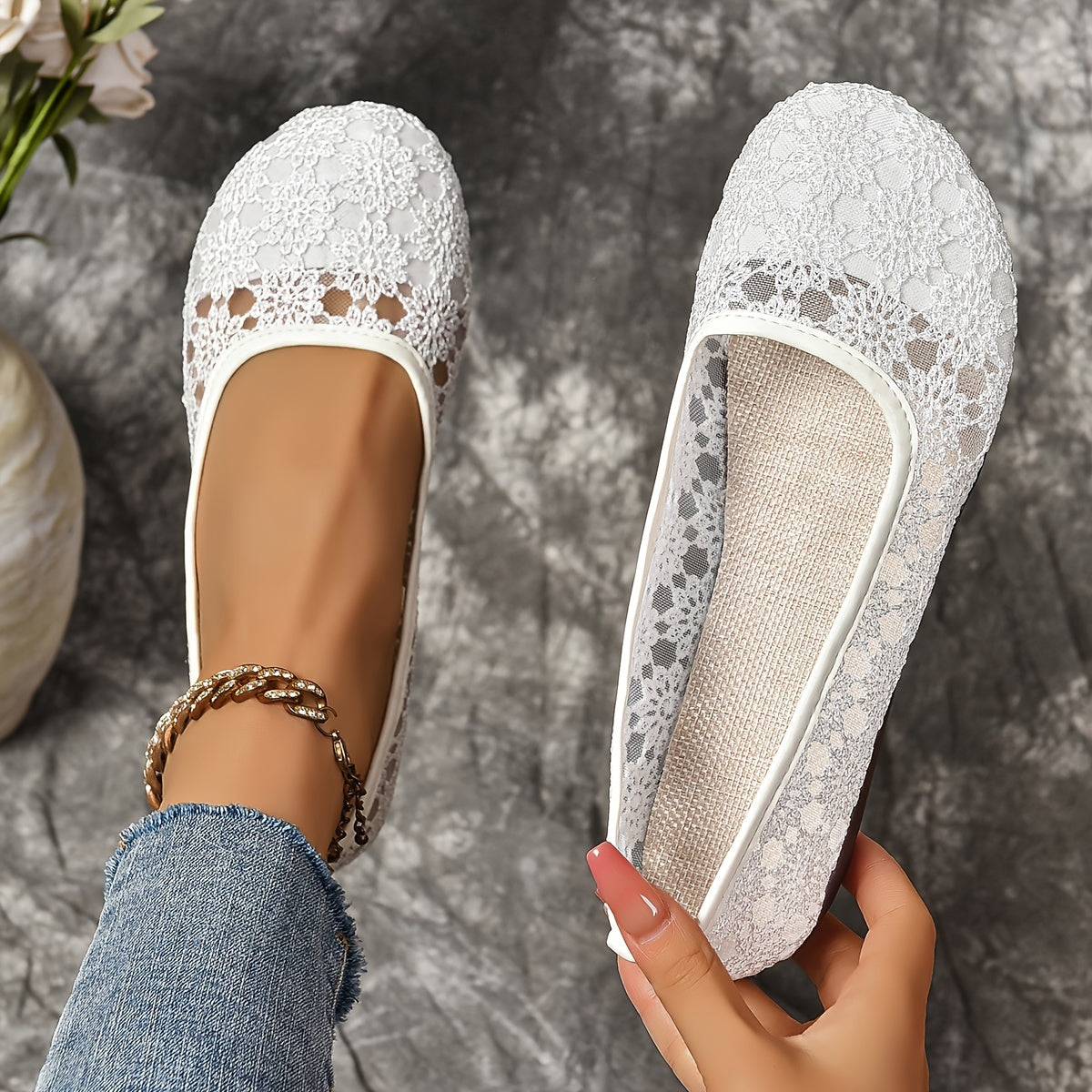 Women's Breathable Mesh Lace Ballet Flats Casual Slip-On Shoes