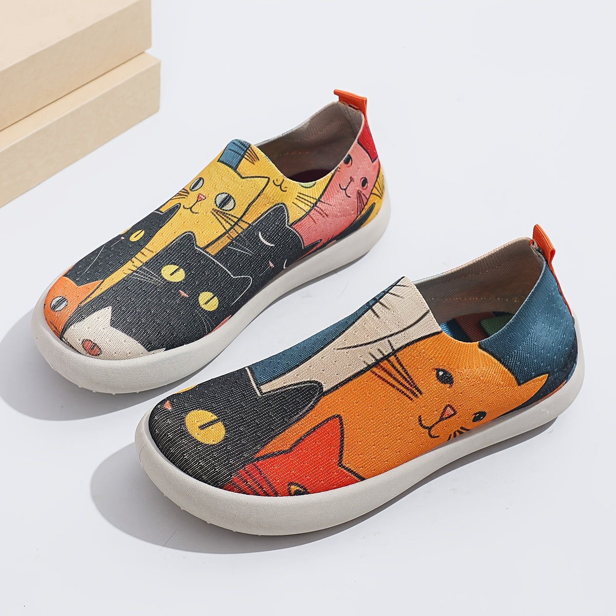 Women's Breathable Canvas Sneakers with Cat Print Slip-On Casual Shoes