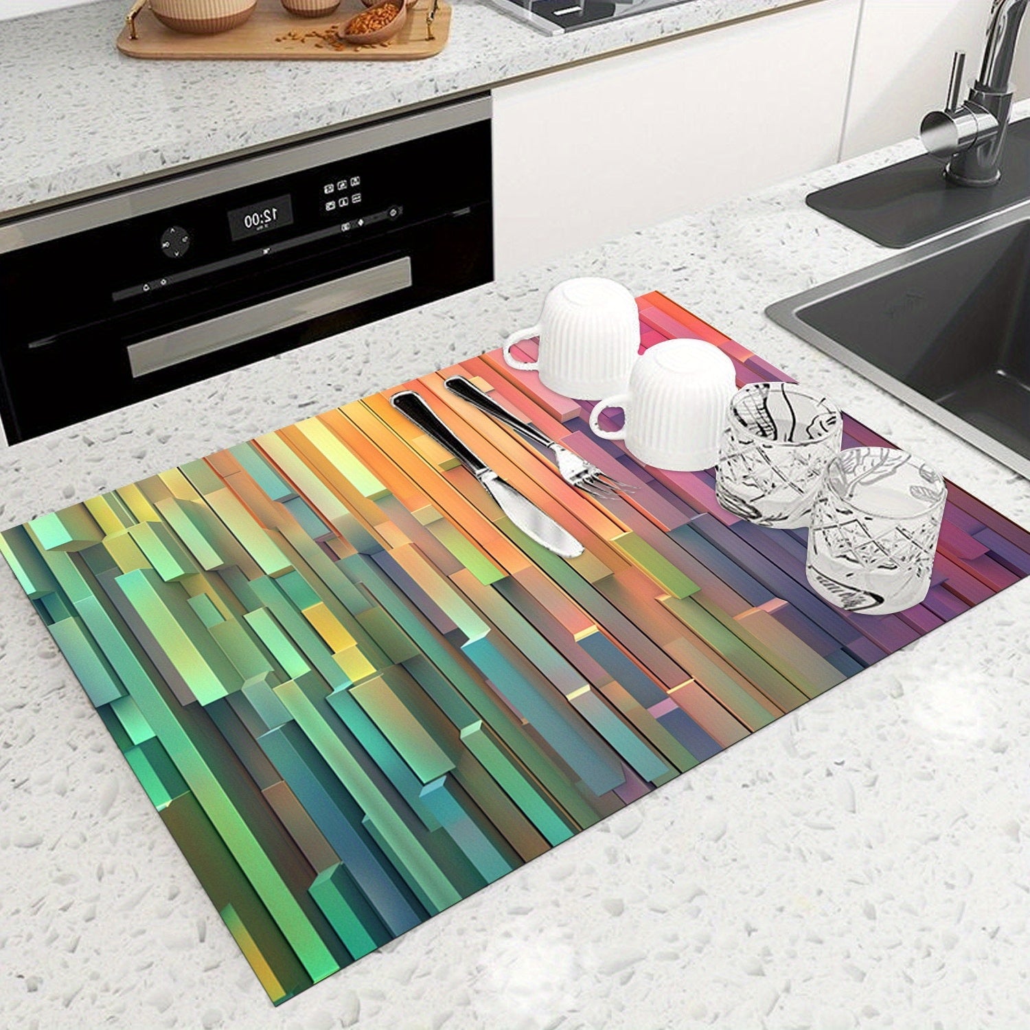 Qattiq, issiqka chidamli g'ovakli kauchuk pechka mato, kamalak naqsh bilan. Chizishlarga, yog' va dog'larga qarshi. Qayta ishlatiladigan, idish-tovoq mashinasida tozalash mumkin va yorqin oshxona dekoratsiyasi.