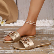 Women's Flat Slippers Open-Toe Solid Color Metal Buckle Casual Outdoor