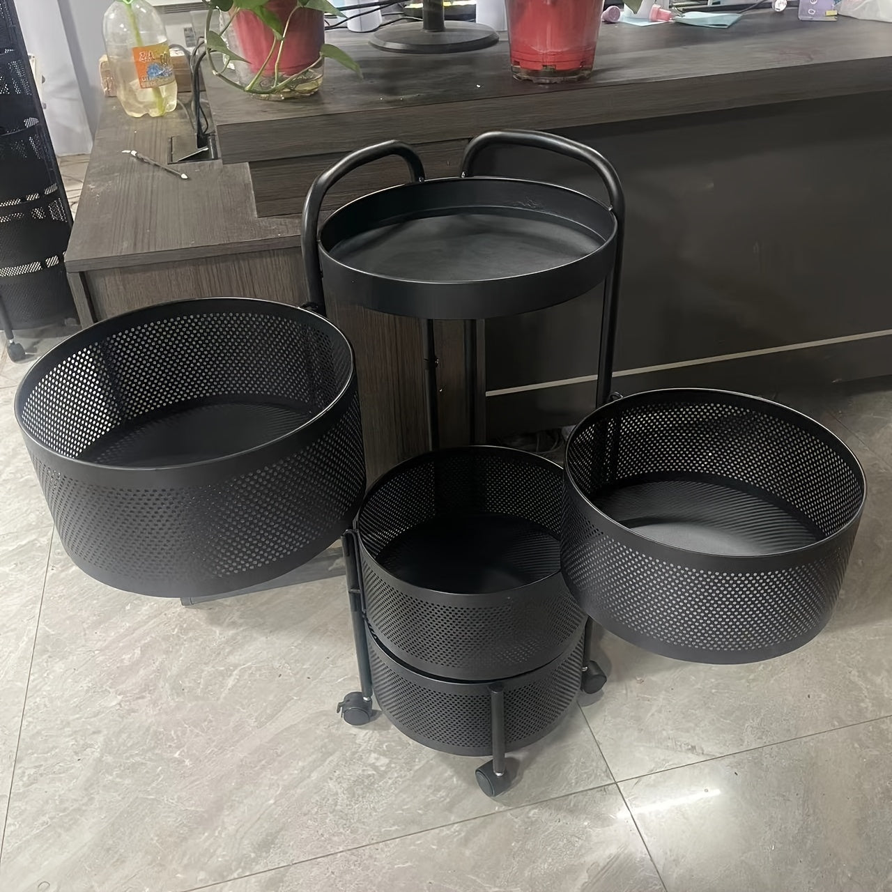 5-Tier Rotating Vegetable Storage Rack with Metal Shelves and Casters