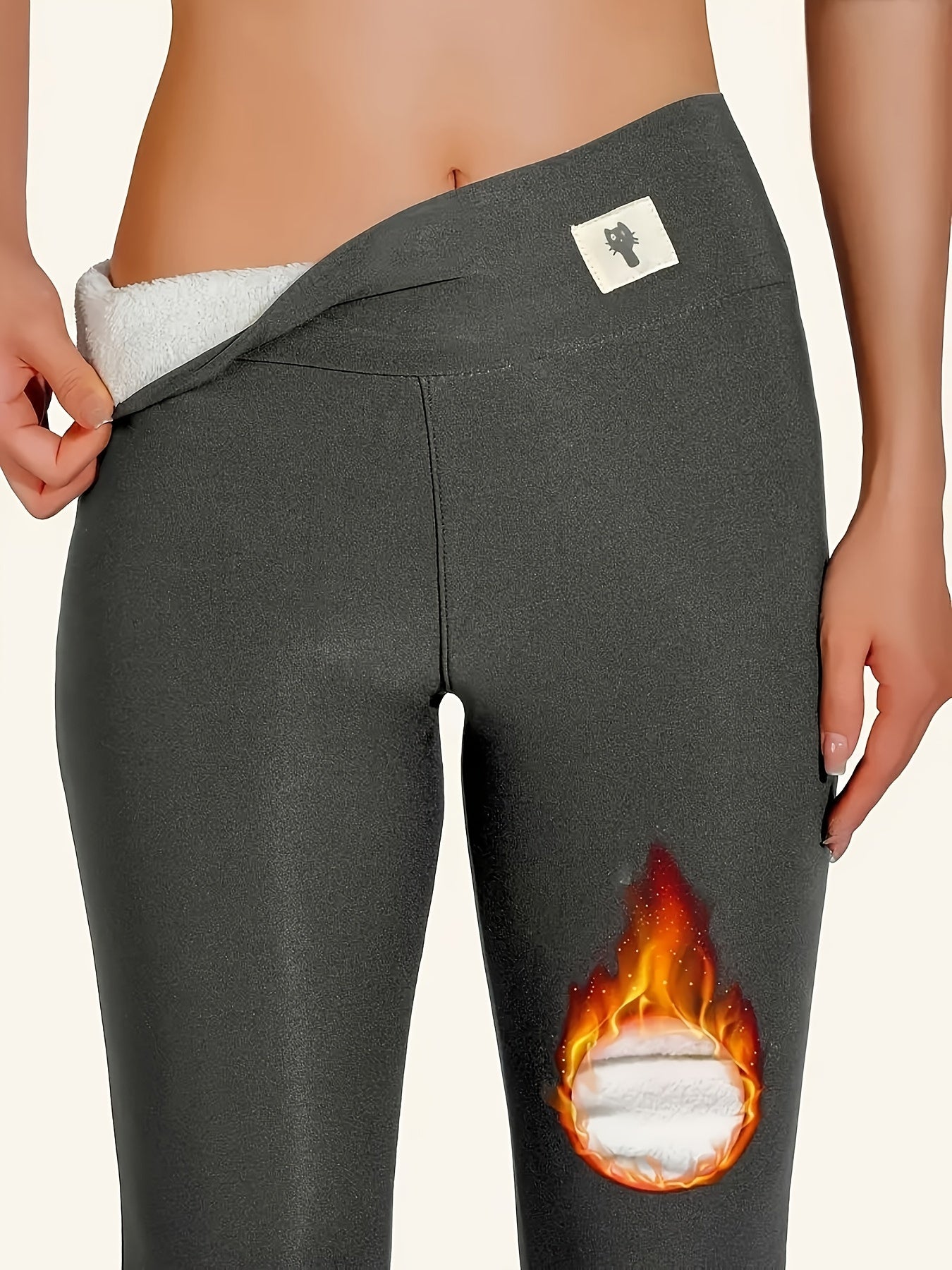 Women's Fleece Leggings for Cold Seasons Solid Color Mid Elasticity Knit Fabric