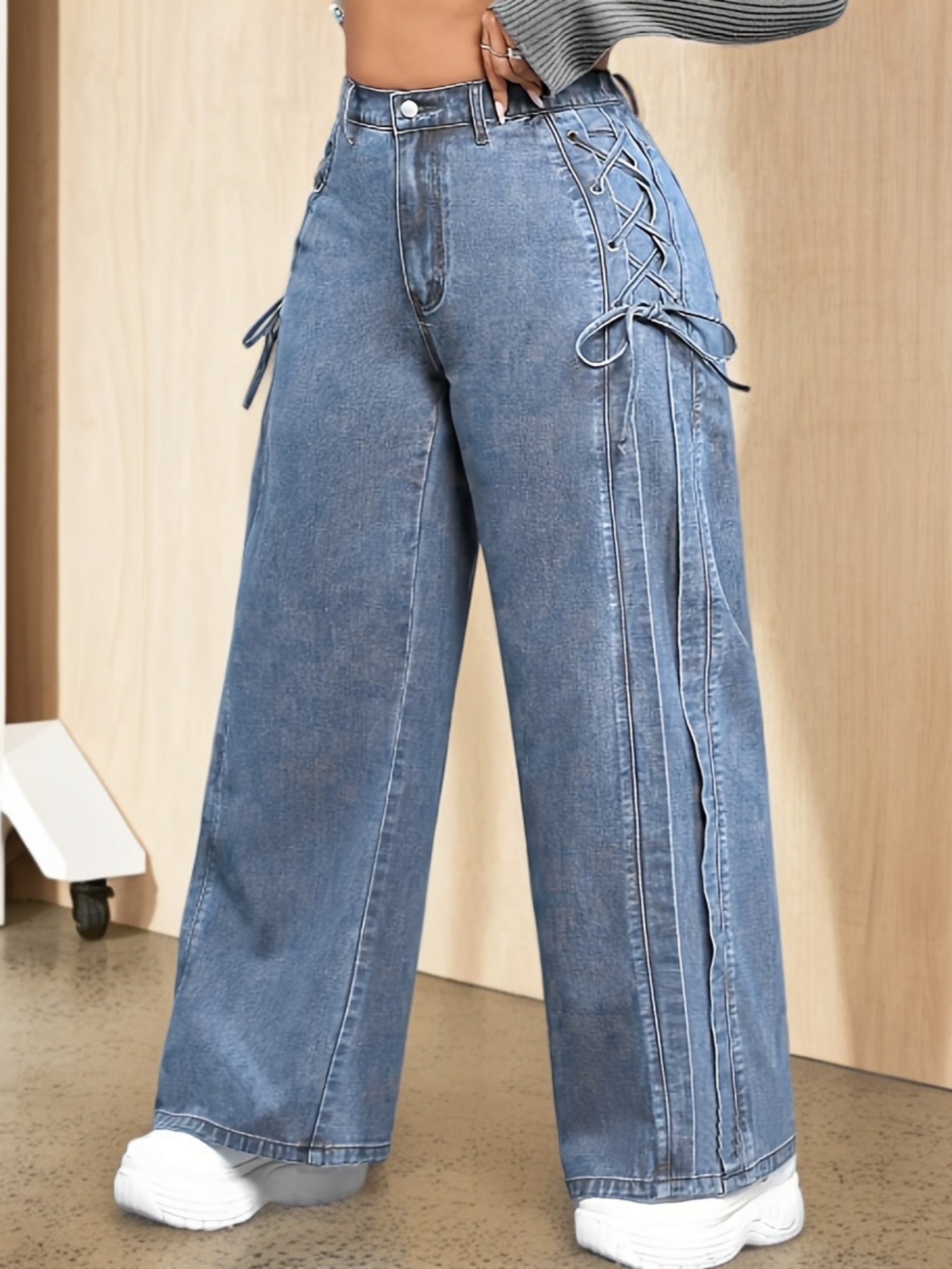Plus Size Women's Wide Leg Casual Jeans With Side Tie Elastic Waist