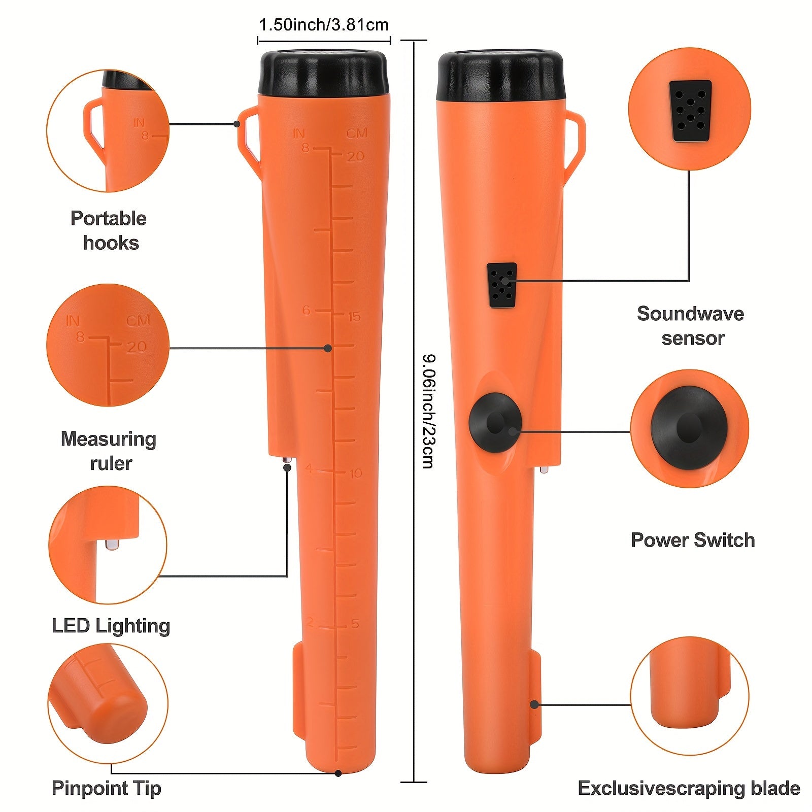 Pinpointer de varita para metales no ferrosos con búsqueda de 360°, vibración y luz