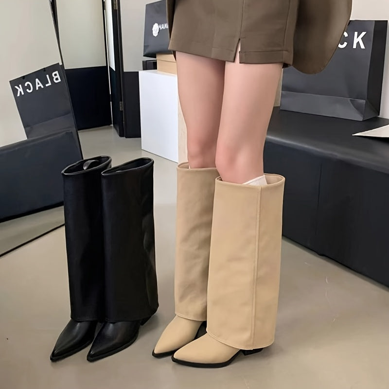 Women Knee-High Boots Solid Color Pointed Toe Block Heel