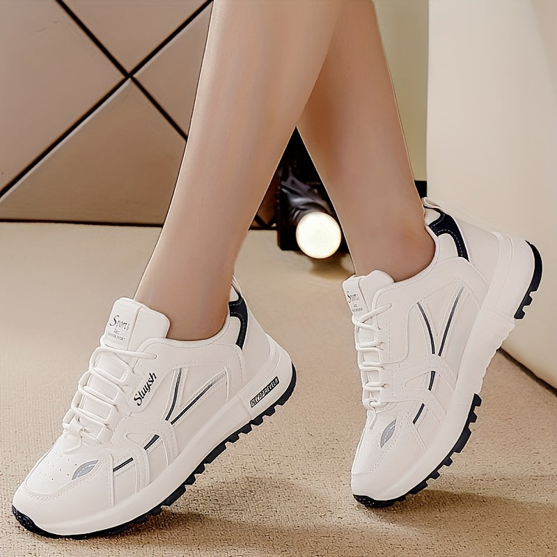 Women's Casual Running Sneakers White Brown Faux Leather Low-Top Lace-Up PU Sole