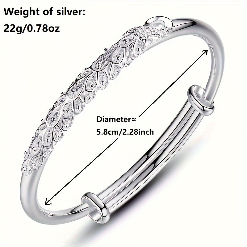 Sterling Silver Peacock Pattern Bangle with 3D Relief Design for Women
