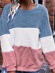 Толстовка женская plus size из плюшевого флиса с цветными блоками и полосатым принтом