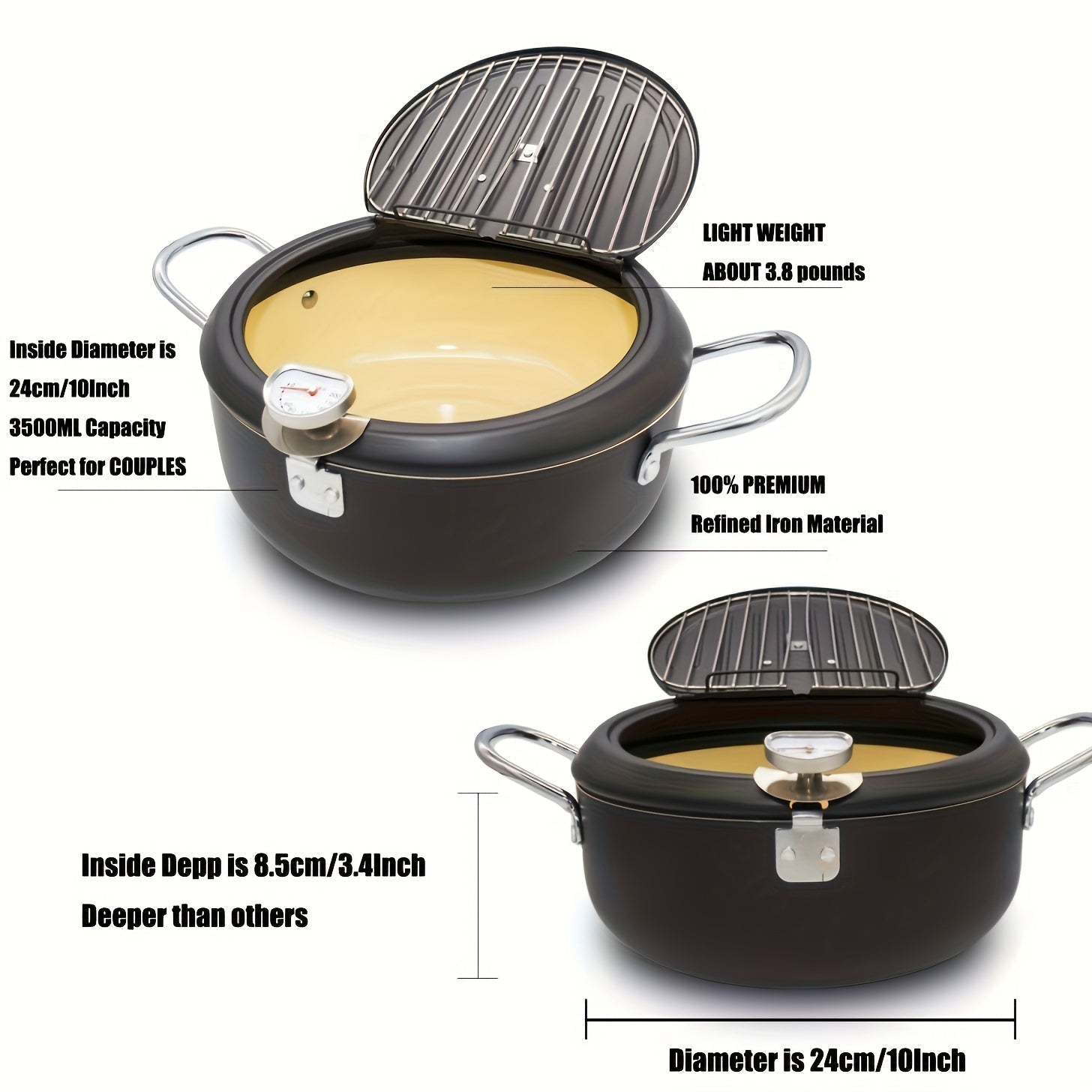 Deep Fryer Pot with Thermometer 2.3L or 3.5L Nonstick Coating for Tempura Fish Chicken