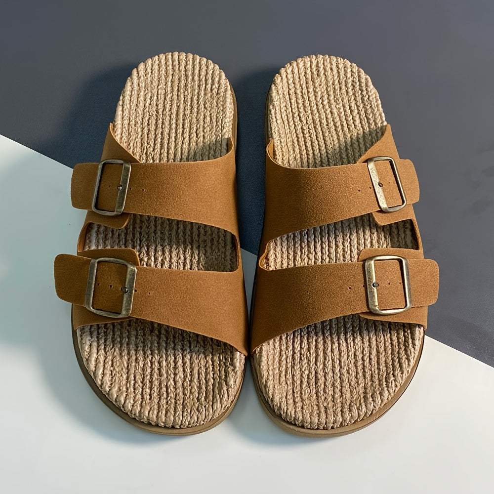 Erkaklar uchun bir rangli ochiq barmoqli slippers, bog'ichli tasmalari bilan, nafas oladigan va qulay EVA tagligi, plyaj yoki tasodifiy kiyim uchun mukammal.