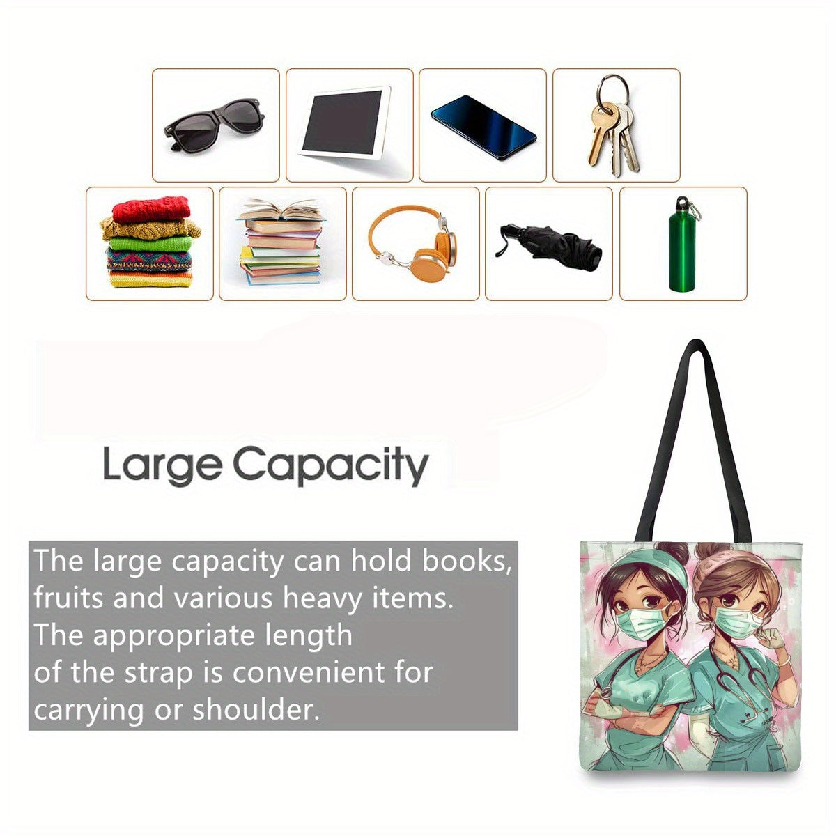Large Capacity Shoulder Bag with Cartoon Nurse Print for Shopping and Daily Use