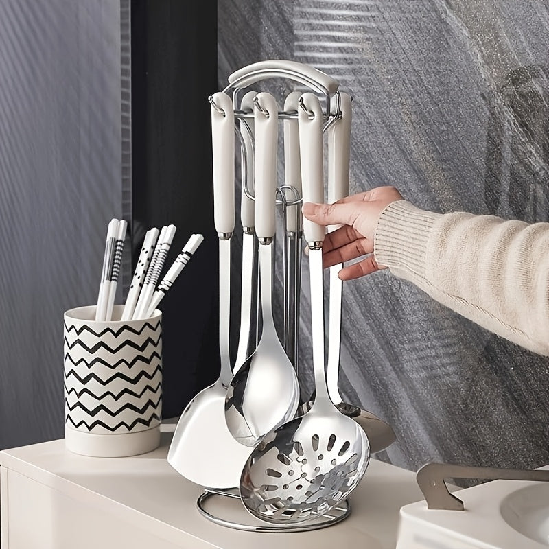 Stainless Steel Kitchen Utensil Set 7 Pieces with Ceramic Handles Cooking Spoon Shovel