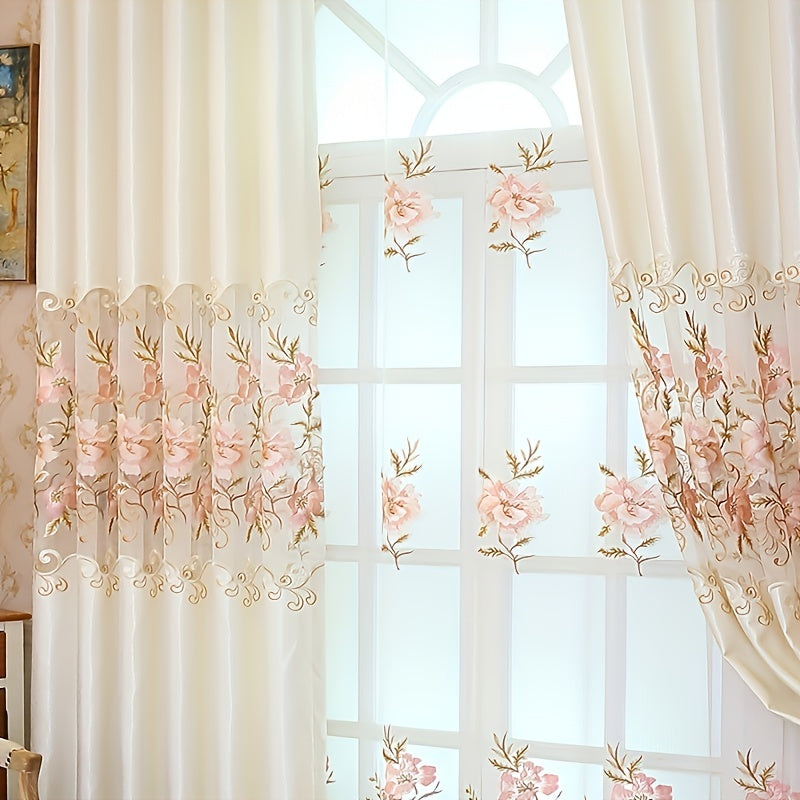 Pink Floral Embroidered Sheer Curtain for Living Room and Bedroom 1 Piece