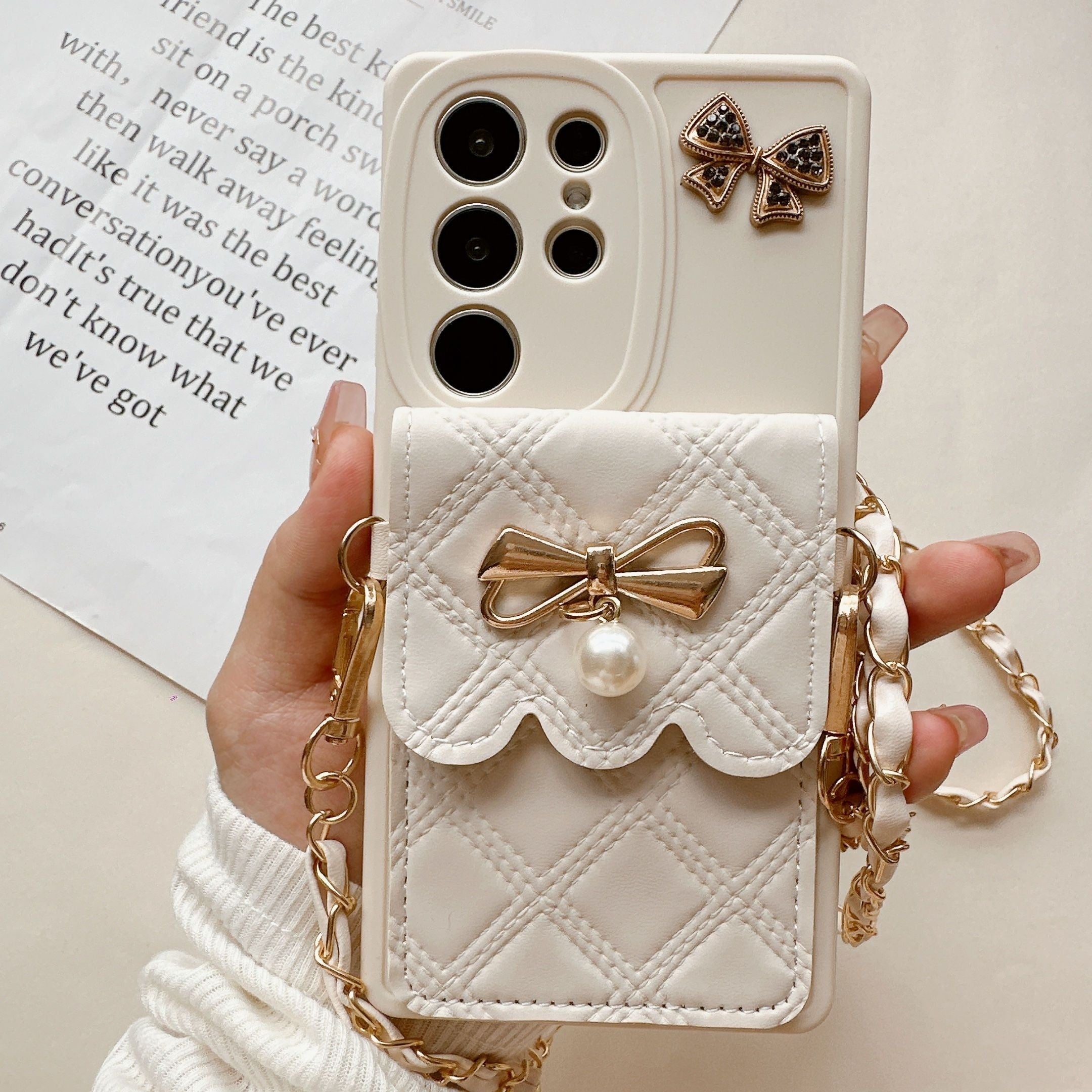 Pearl Bowknot Diamond Phone Case for Samsung Galaxy with Lanyard Full Cover Protection
