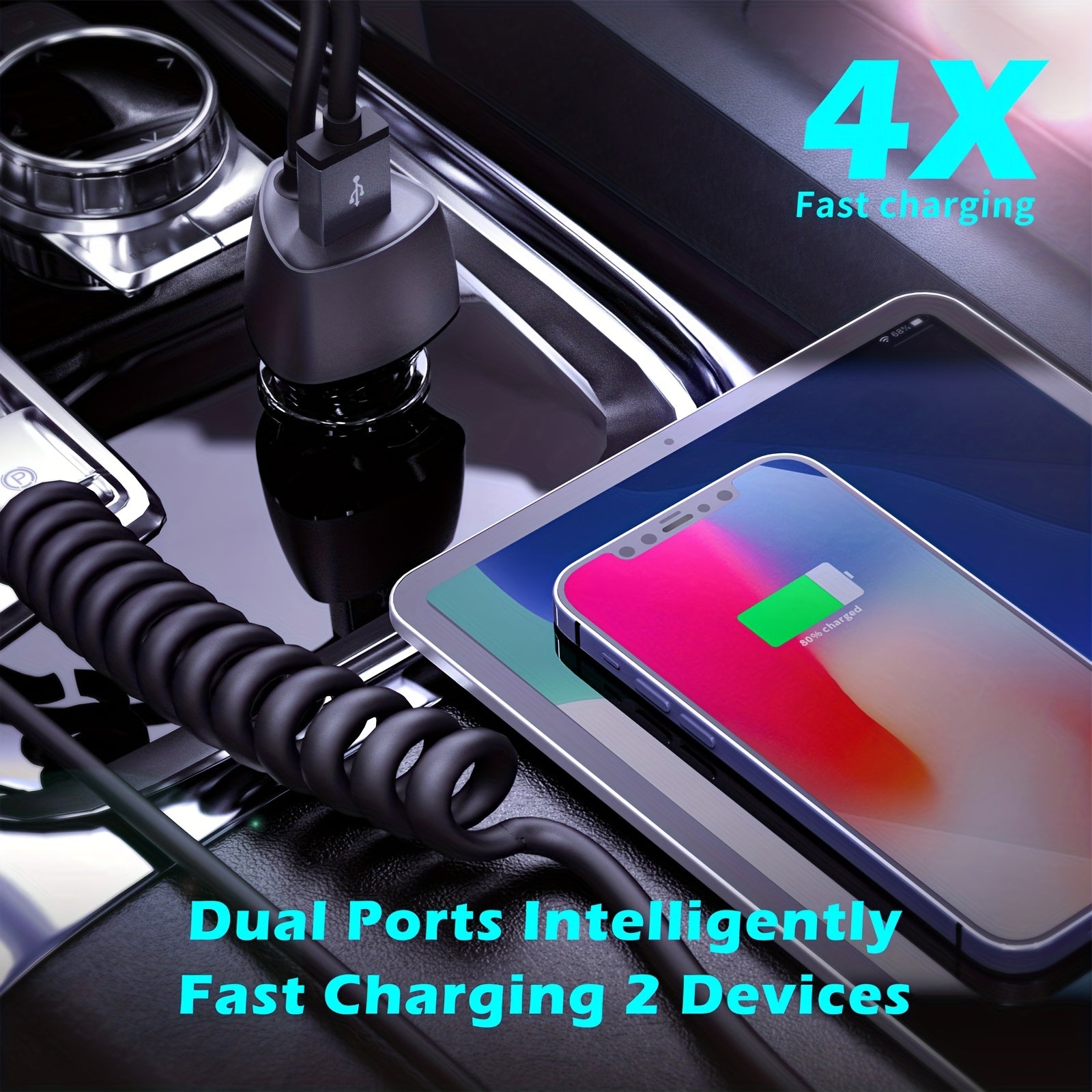 USB C Car Charger 51W Fast Charging PD QC3.0 with Coiled Cable for Android Devices
