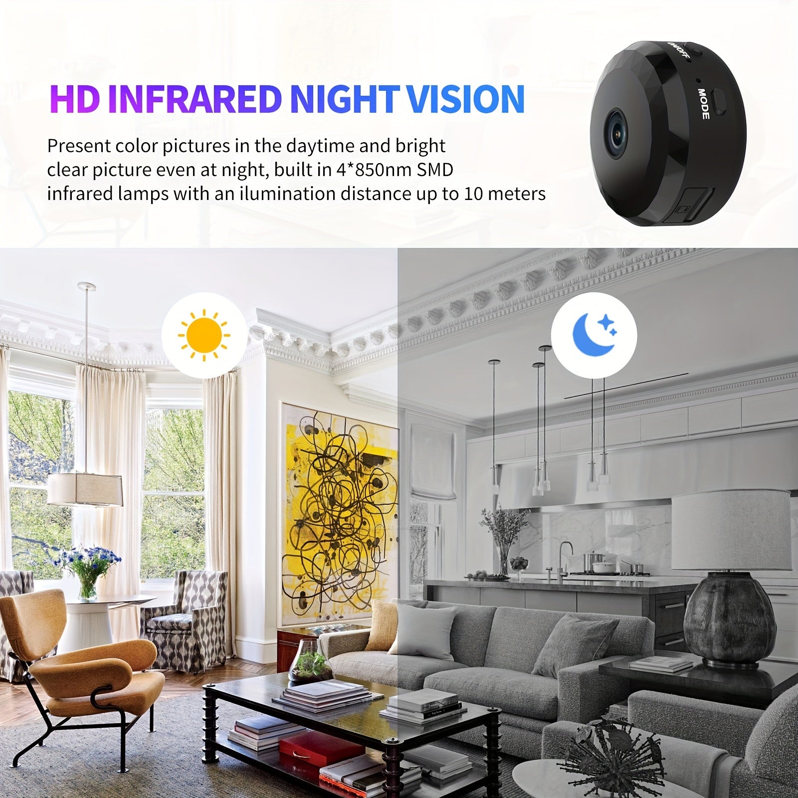 Magnitli ulanish, WiFi aloqasi va masofadan ko'rish imkoniyatlari bilan jihozlangan ixcham xavfsizlik kamerasi uy xavfsizligi uchun.