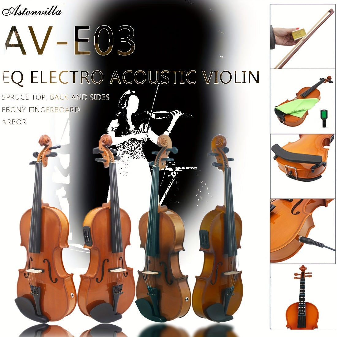 Violín eléctrico acústico de tamaño 4/4 con alimentación por batería y color amarillo o negro