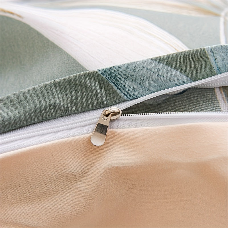 Green Leaf Print Duvet Cover Set with Pillowcases 3 Pieces Soft Polyester for Bedroom