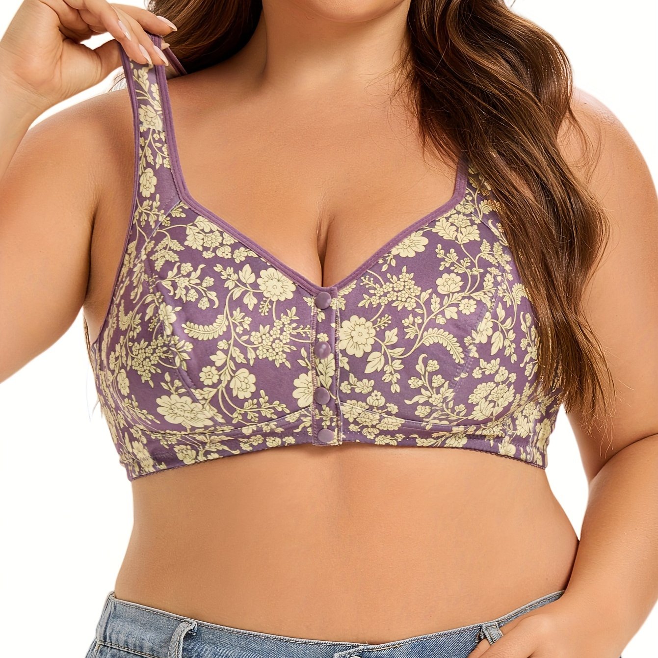Plus Size Floral Knit Wireless Bralette with Front Button No Padding
