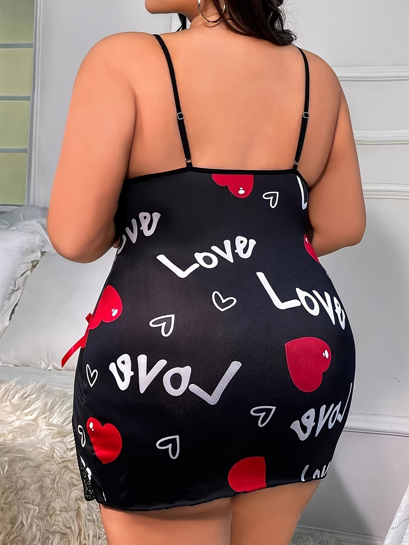Plus Size Women's Lace Slip Dress with Heart Print and Bow Decor