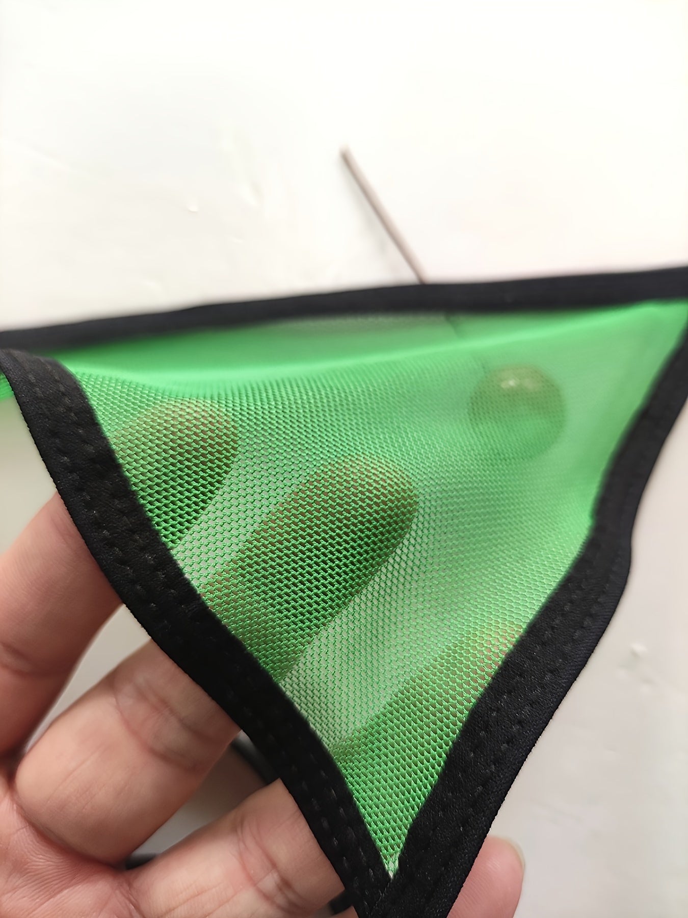 Mesh Bikini Lingerie Set with Green Triangle Trim and Adjustable Straps
