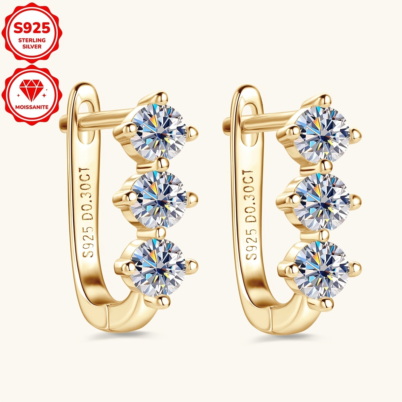 Sterling Silver Women's Hoop Earrings with Moissanite Stones 3mm 0.3ct