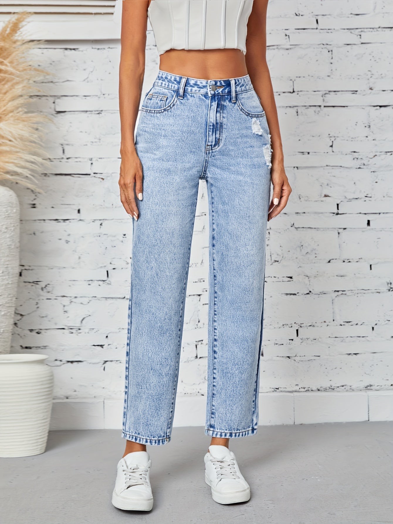 Women's Ripped High-Waisted Denim Jeans Grey Black Stretch Straight Leg Casual