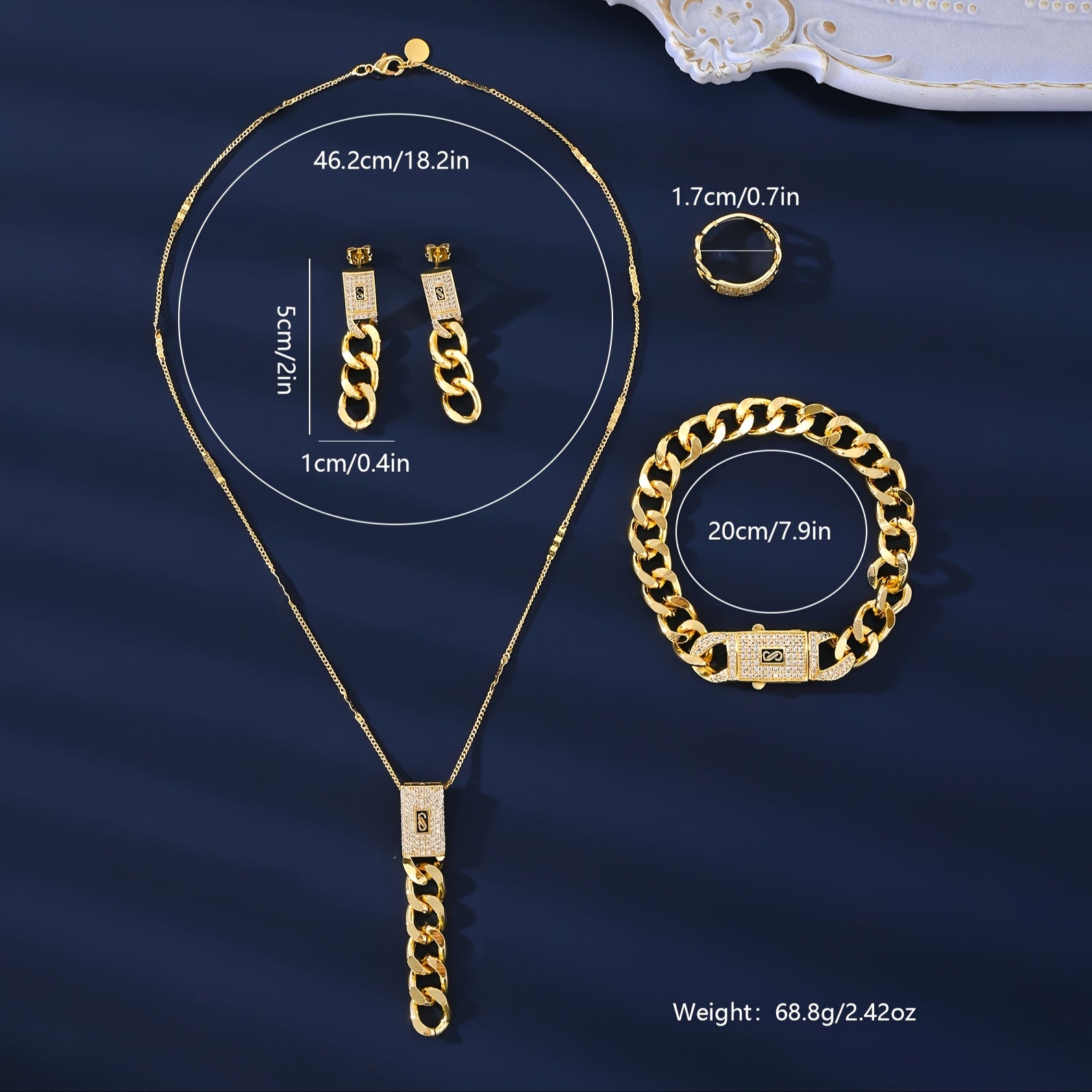 Vintage Gold Plated Jewelry Set with Necklace Bracelet Earrings and Ring for Women