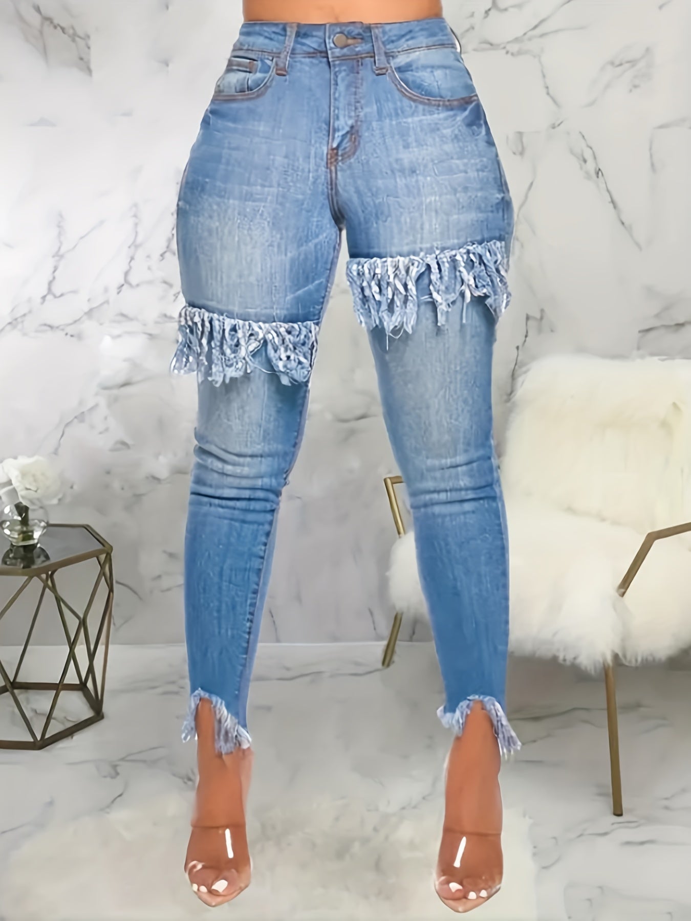 Women's Oversized Blue Ruffled Jeans Women Denim Casual Pants