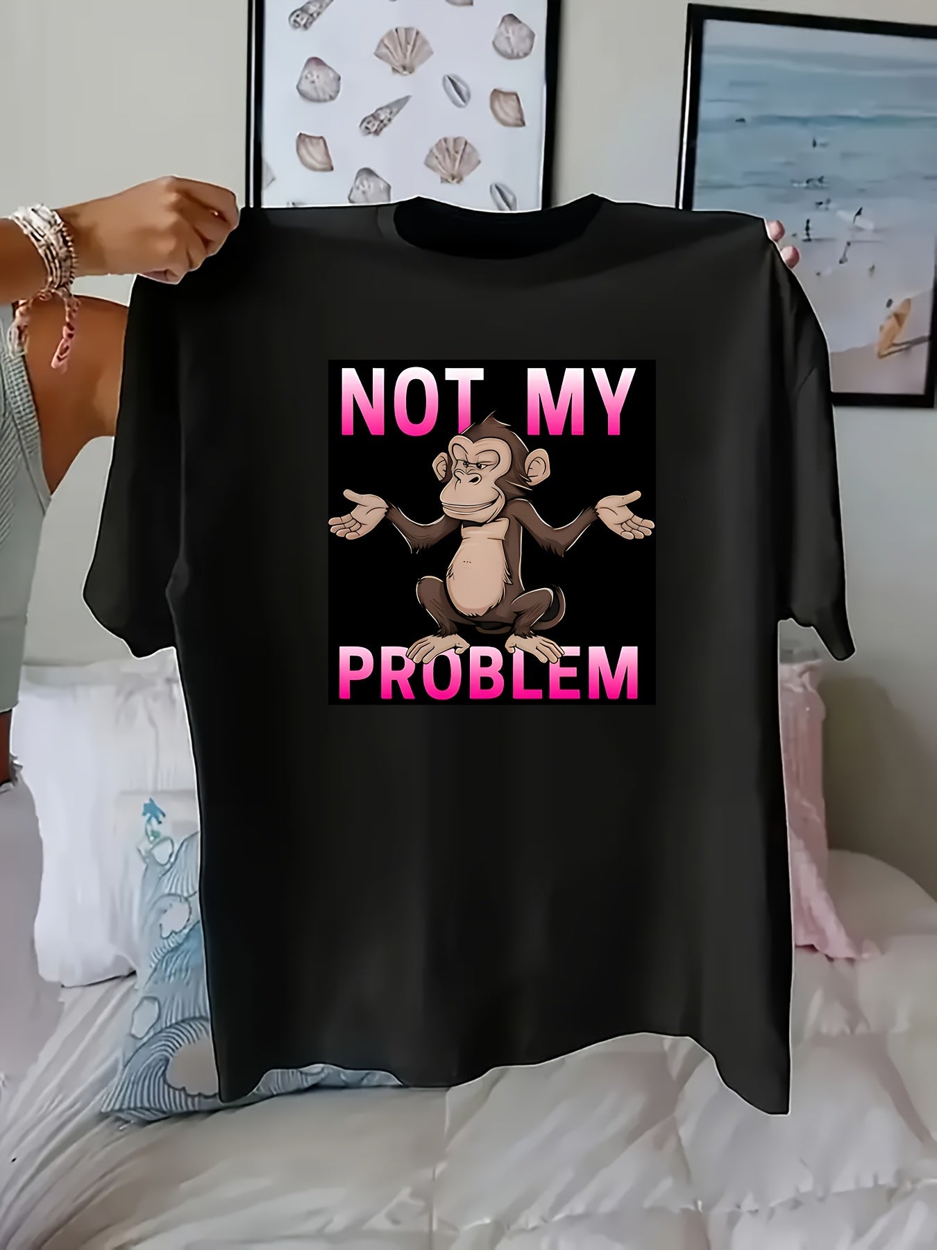 Women's Plus Size Black Cotton T-Shirt with "Not My Problem" Print