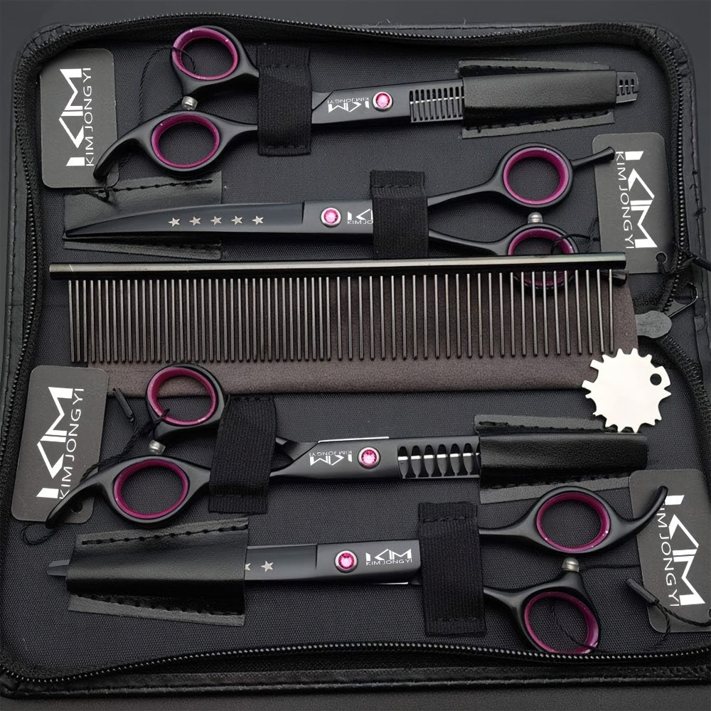 Dog Grooming Scissors Set 4 Pieces Stainless Steel Professional with Straight Thinning Curved Chunkers and Comb