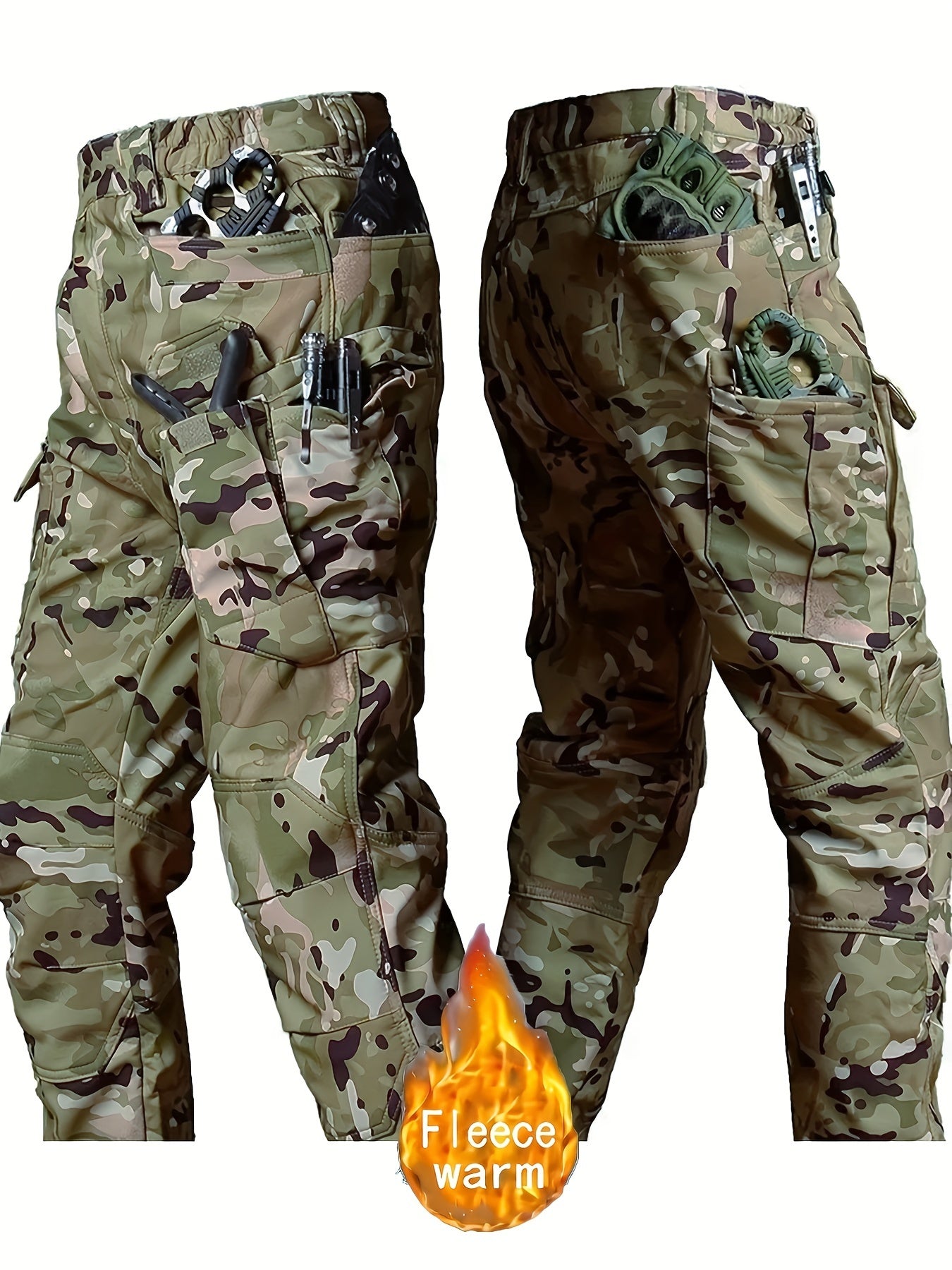 Men's Camouflage Fleece Jacket and Work Pants Set for Outdoor Hiking and Casual Wear