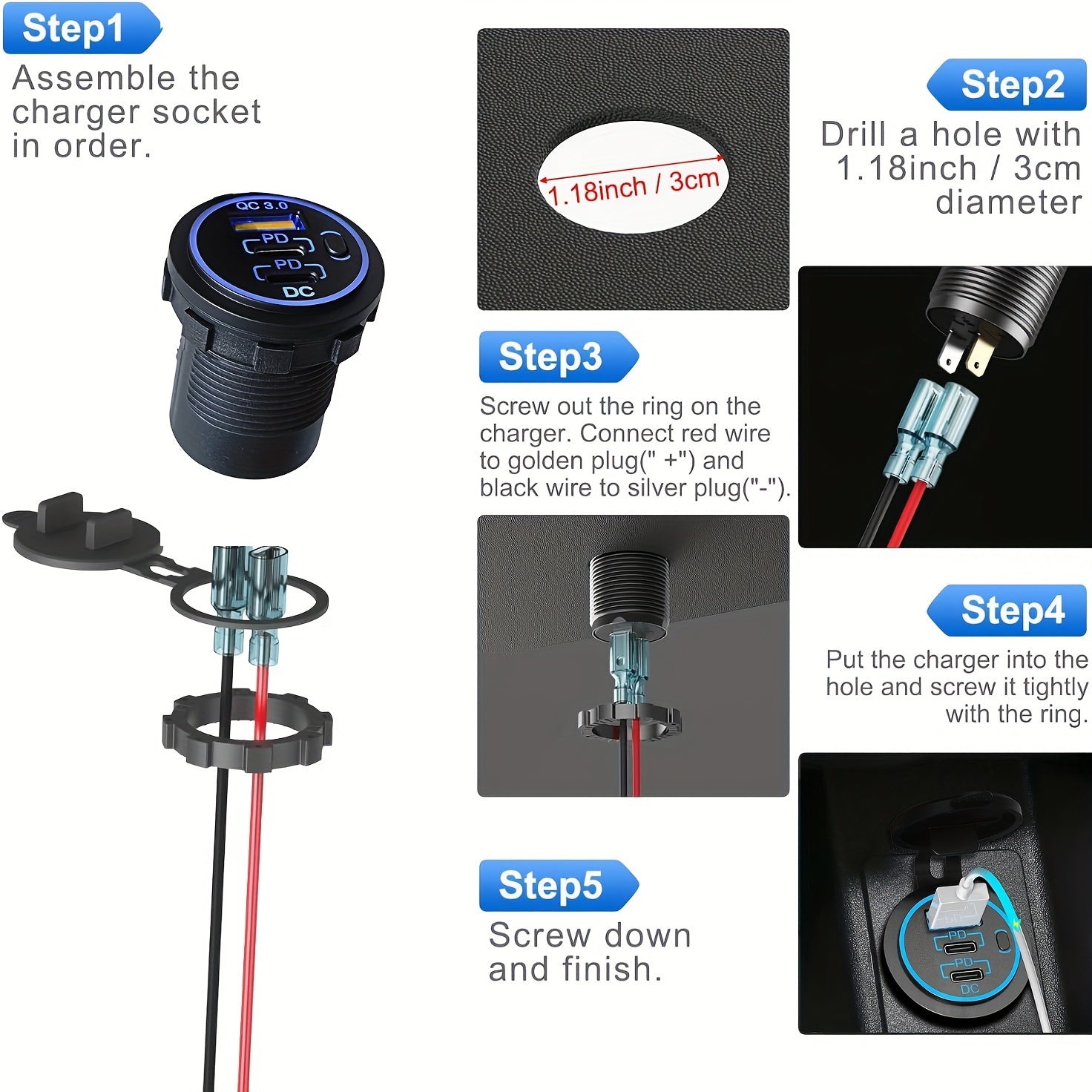 3-портовая автомобильная зарядная розетка из ABS материала 30W PD3.0 18W QC 3.0 для транспортных средств