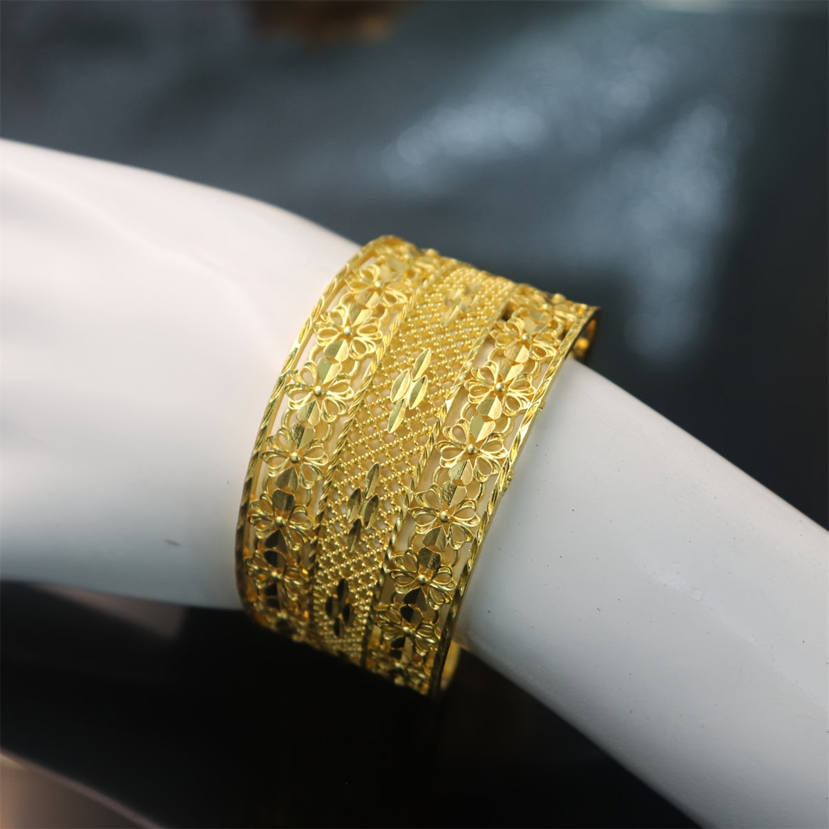 Gold Flower Bangle Bracelet with Rhinestones for Formal Events