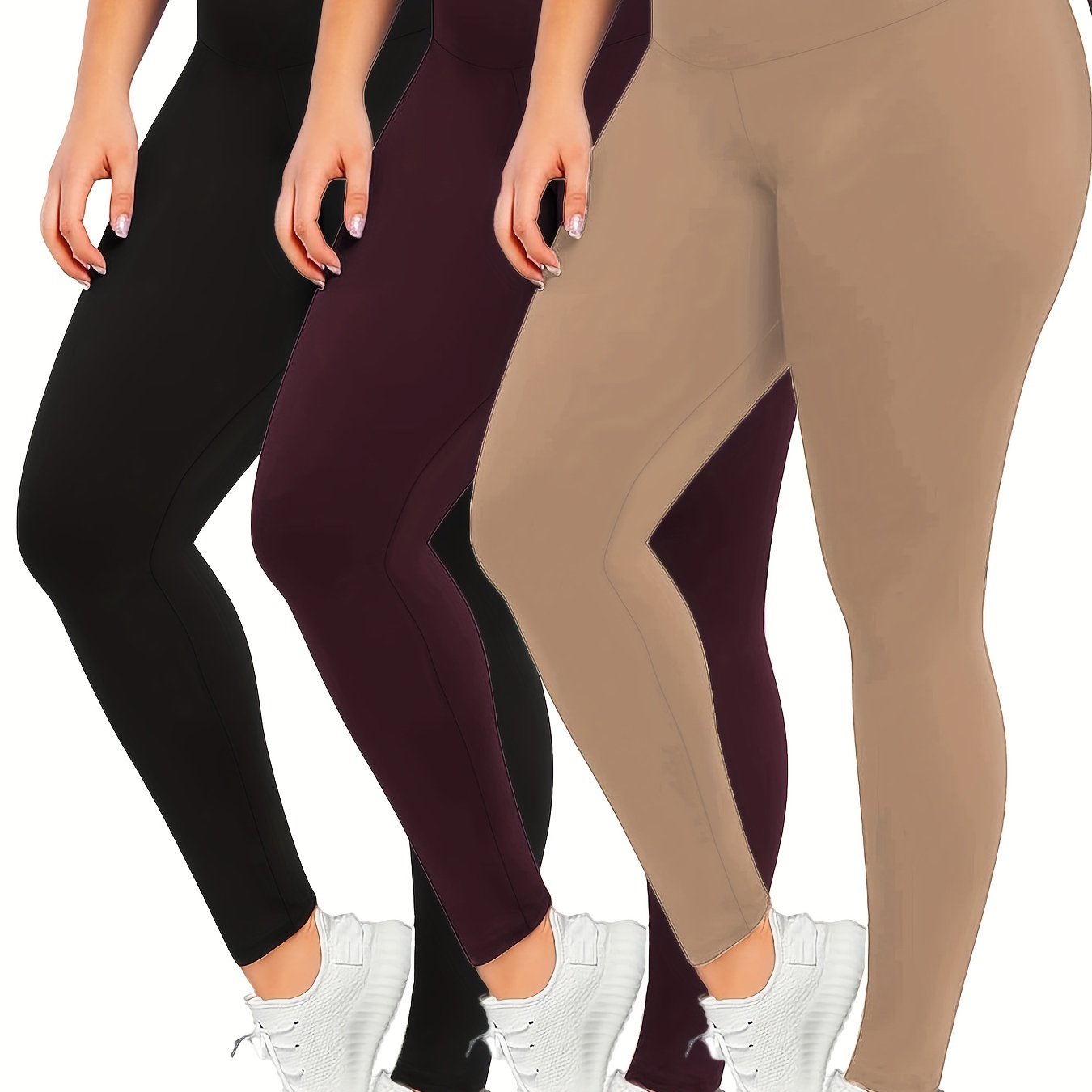 Women's Plus Size High-Waisted Leggings Solid Color Tummy Control Stretchy All-Season